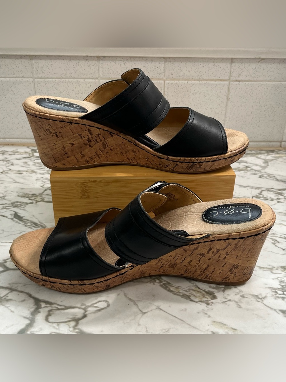 b.o.c. Born Concept black leather wedge sandals. Women’s size 10